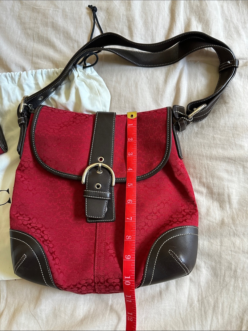 Coach Red Signature Canvas Shoulder Bag with Dark Brown Leather Trim - Picture 3 of 11